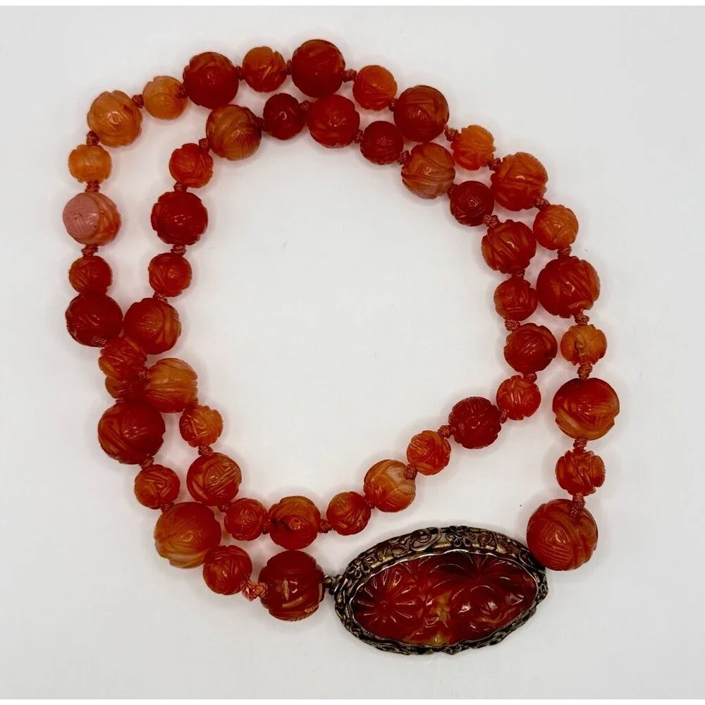 Vintage Chinese Carved Carnelian Sterling Silver Filigree Art Deco Bead Necklace